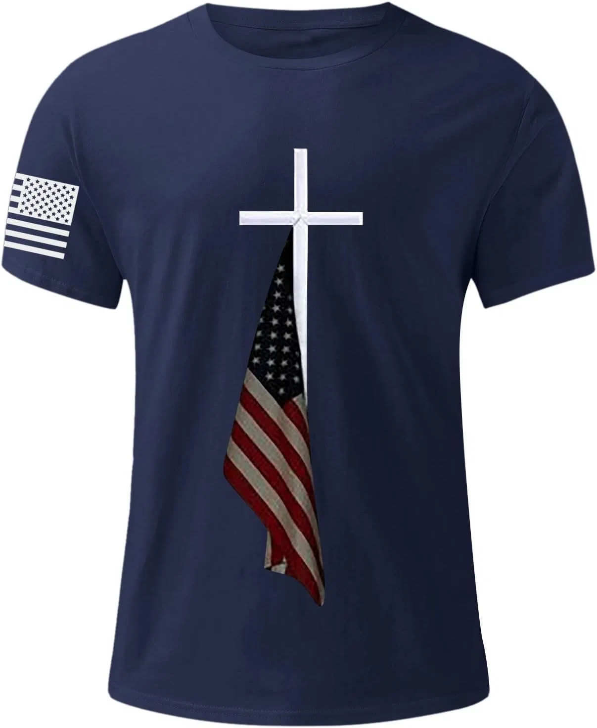 Мужская футболка с принтом Christian Cross Patriotic, Navy — фото 2