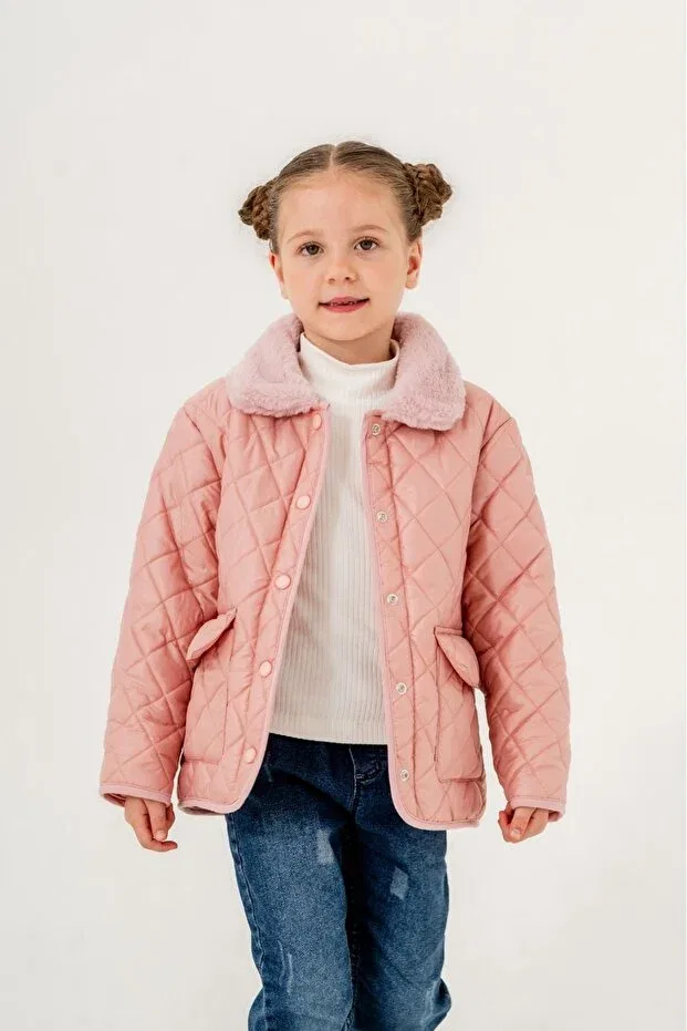 Детское пальто для девочек стеганое Quilted collar plush girl coat / jacket Gocoland, Pink — фото 3
