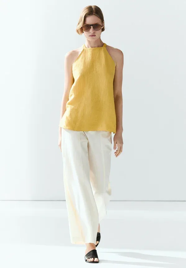 Блуза из льна с полиамидом Blouse Massimo Dutti, Neon Yellow, желтый — фото 2