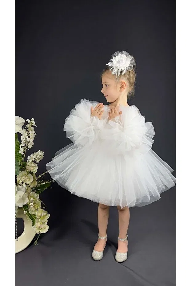 Детское платье для девочек с пайетками Pompom Sleeve Sequin Sequined Girls Tutu Evening Mnk Baby&Kids, White — фото 3