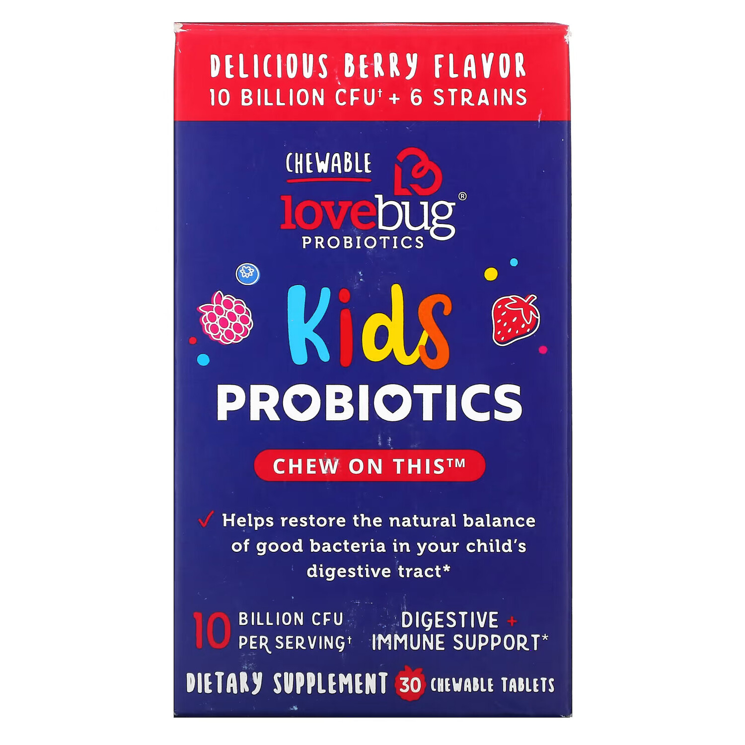 

LoveBug Probiotics, пробиотики для детей, с ягодным вкусом, 10 млрд КОЕ, 30 жевательных таблеток
