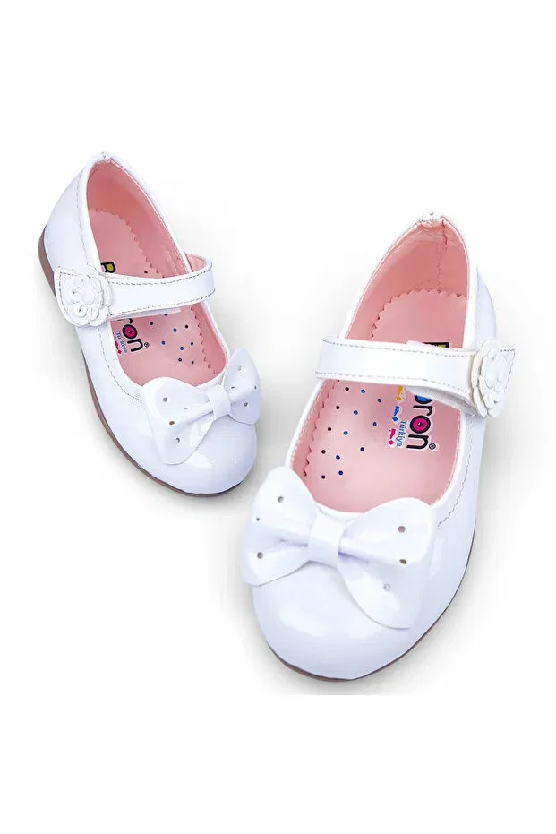 Детские балетки для девочек с бантом Beebron, Patent Leather White (Powder Lining)