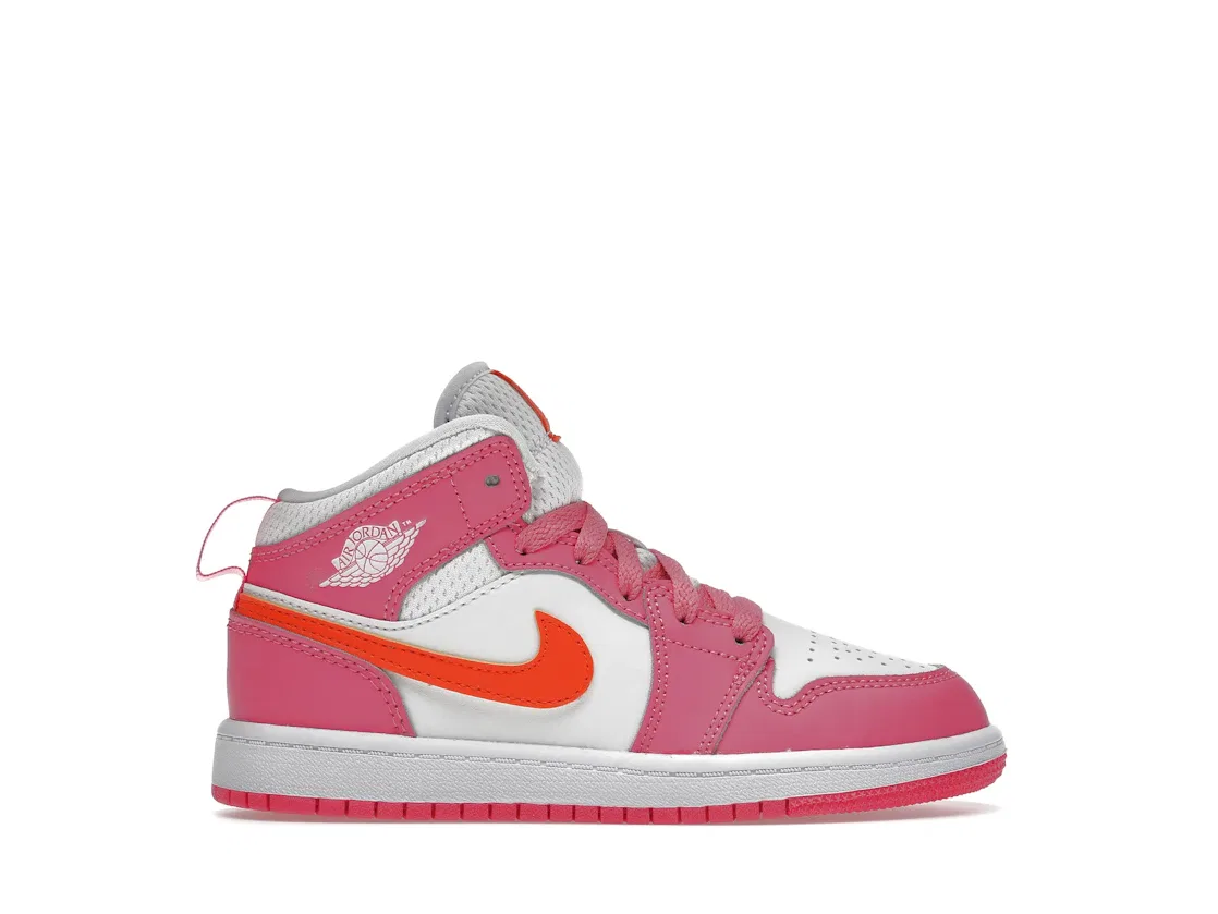 Детские кроссовки с контрастными вставками Pinksicle/Safety Orange/White Jordan 1 Mid, Pinksicle Safety Orange White