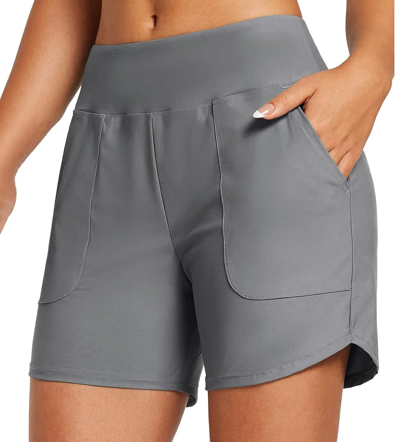 Женские высокие плавательные шорты с карманами Quick Dry, Grey