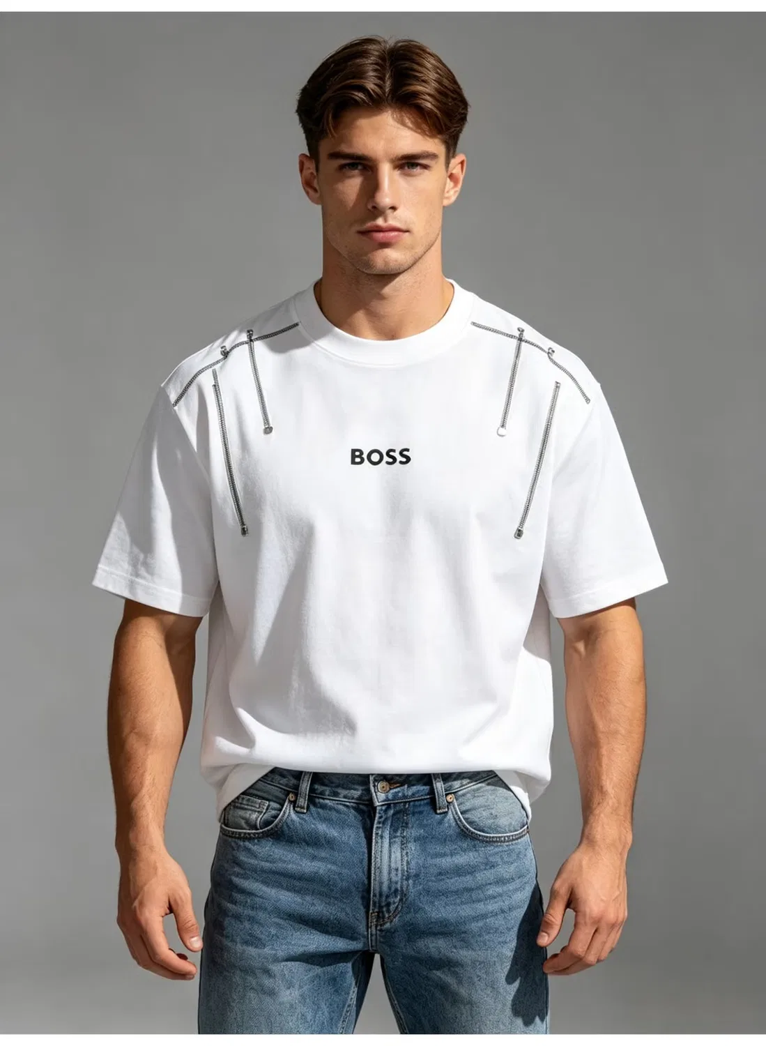 Футболка оверсайз с цепочкой на плече унисекс Boss, белый — фото 4