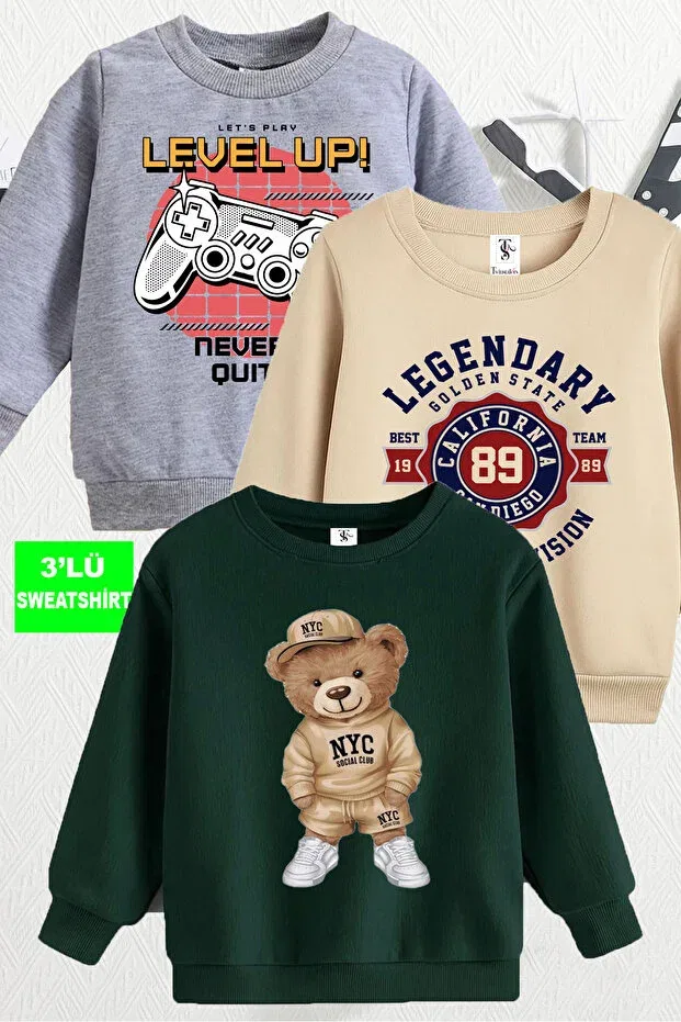 Детский комплект свитшотов для мальчиков с принтом Teddybear and game console Twins Tailors, Green