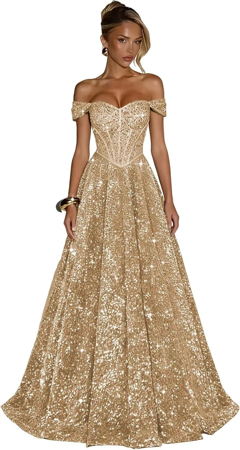 Женское вечернее платье с пайетками off the shoulder A-line YH160, Champagne