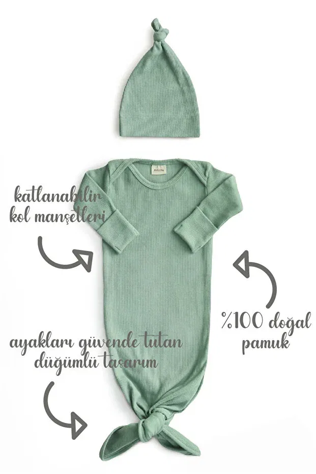 Детский комплект боди и шапочки с длинным рукавом Ribbed and bottom tie baby bodysuit and beanie set Minuche, Green