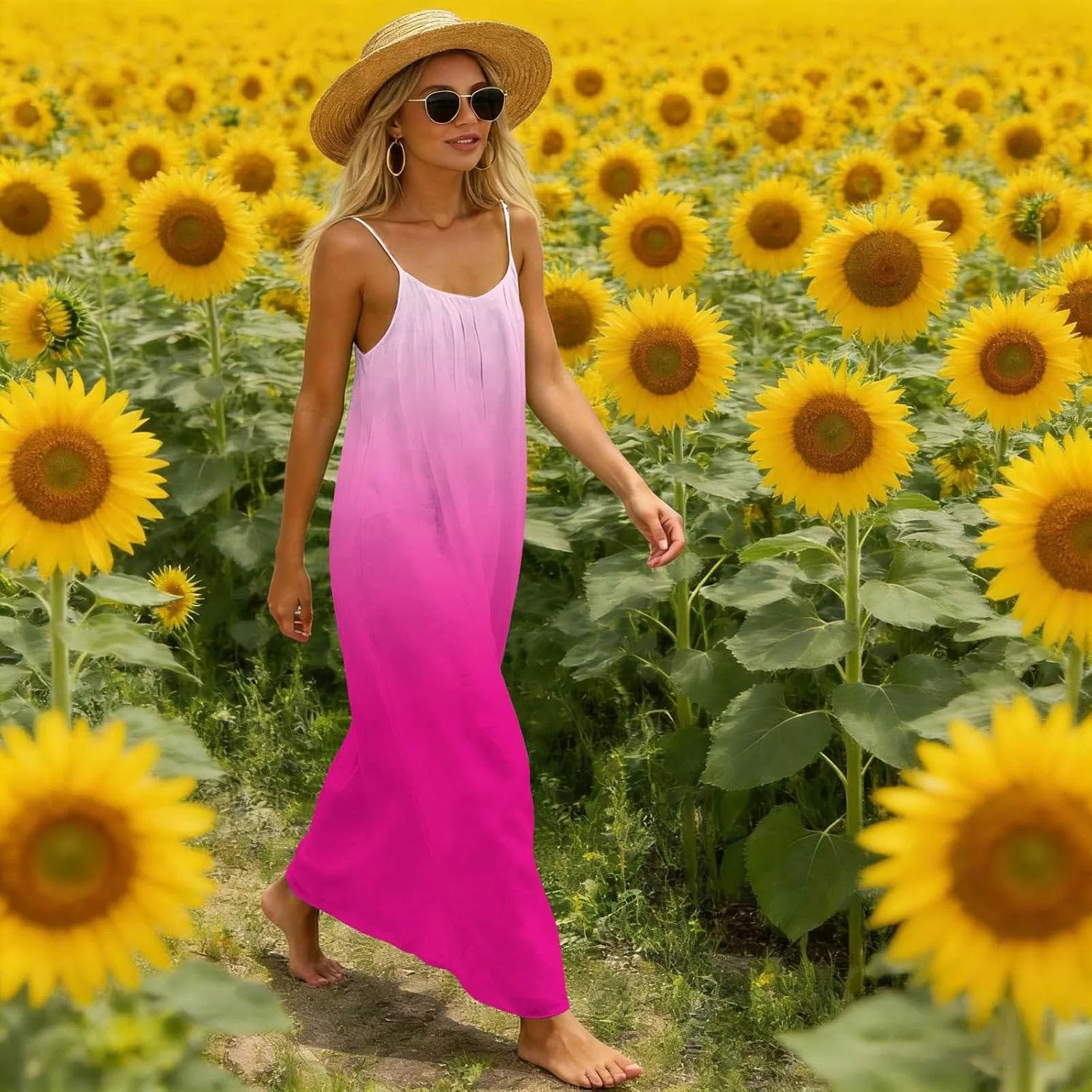 Женское летнее платье без спинки Cami на бретелях, Hot Pink — фото 3