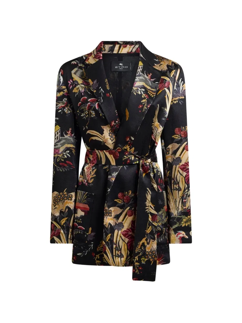 Атласная куртка с поясом и цветочным узором Etro, черный