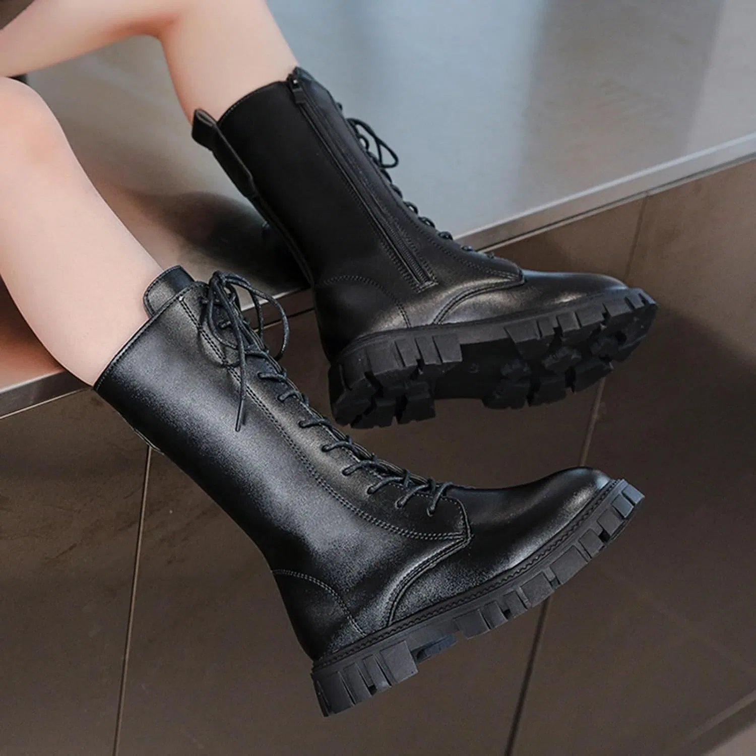 Детские ботинки на шнуровке с молнией Combat Boots, Black — фото 4