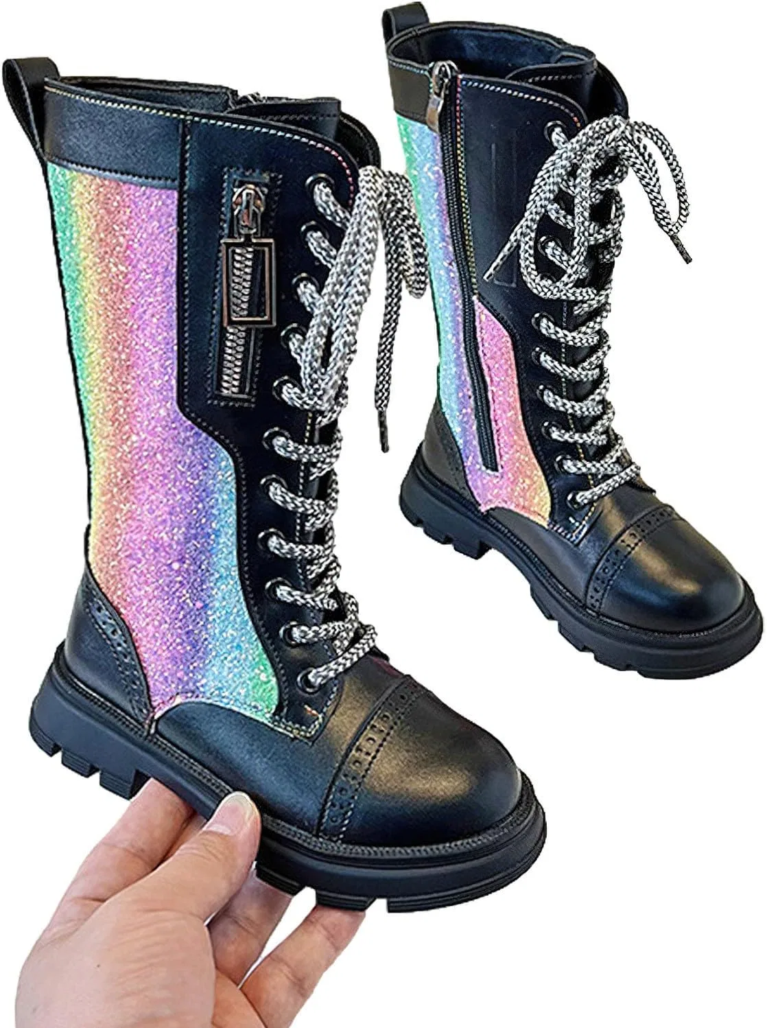 Детские сапоги для девочек с боковой молнией и шнуровкой Sparkly Riding Shoes rismart, Black — фото 4
