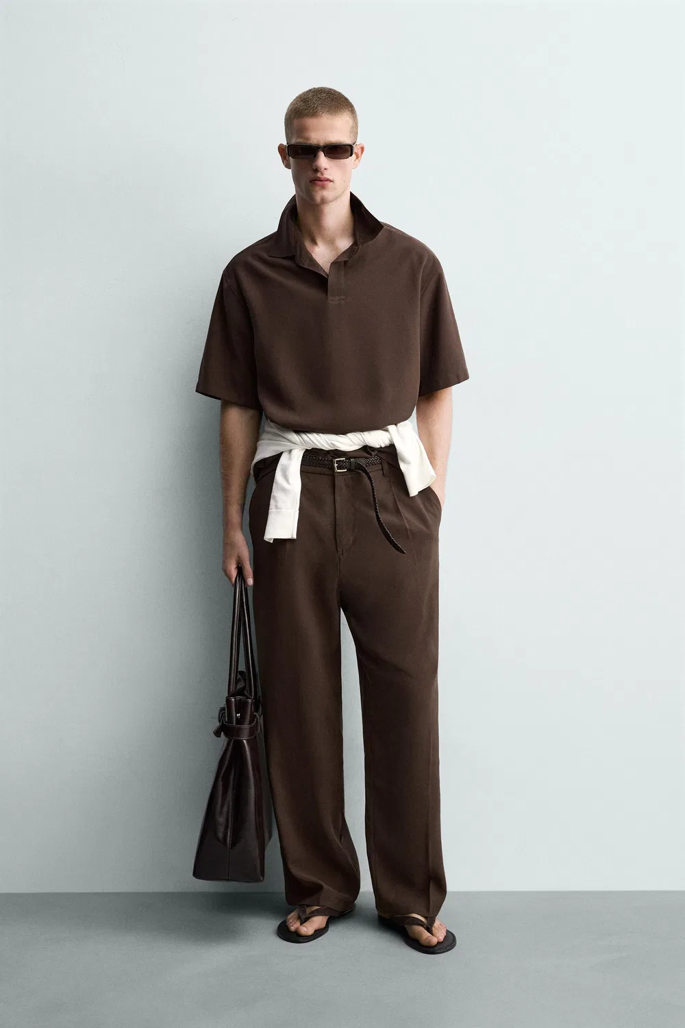 Свободная, струящаяся рубашка-поло ZARA, Brown