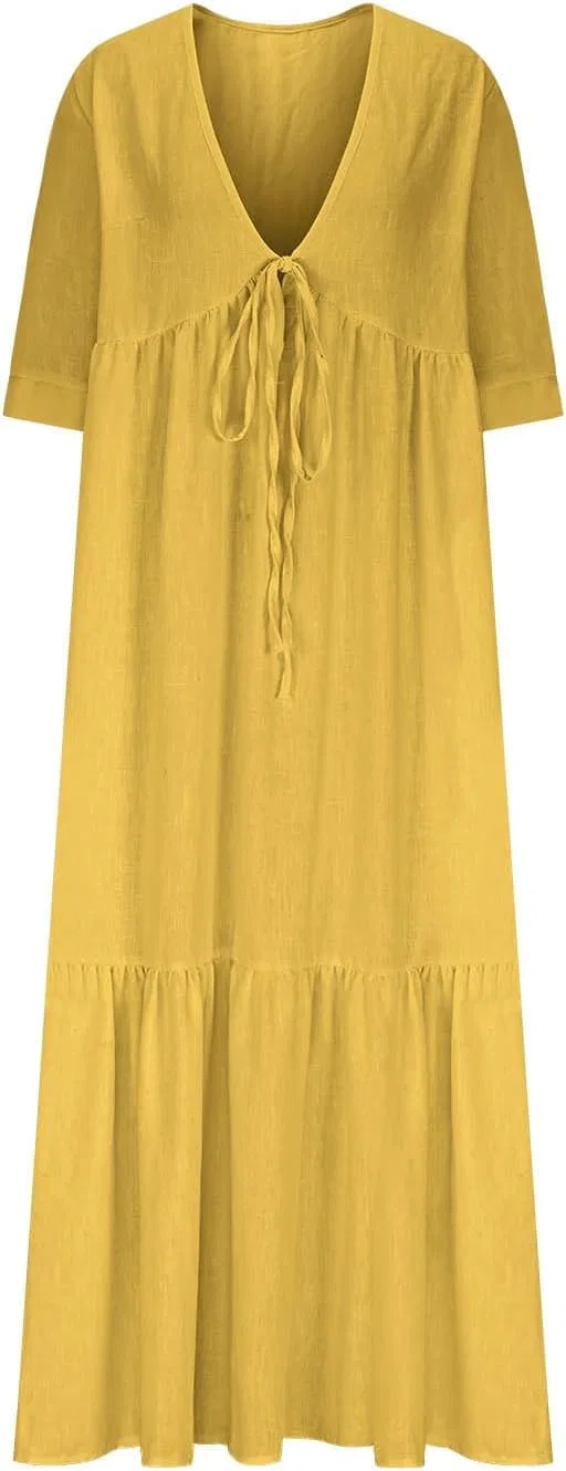 Женское макси-платье с V-образным вырезом и 3/4 рукавами, Yellow — фото 4