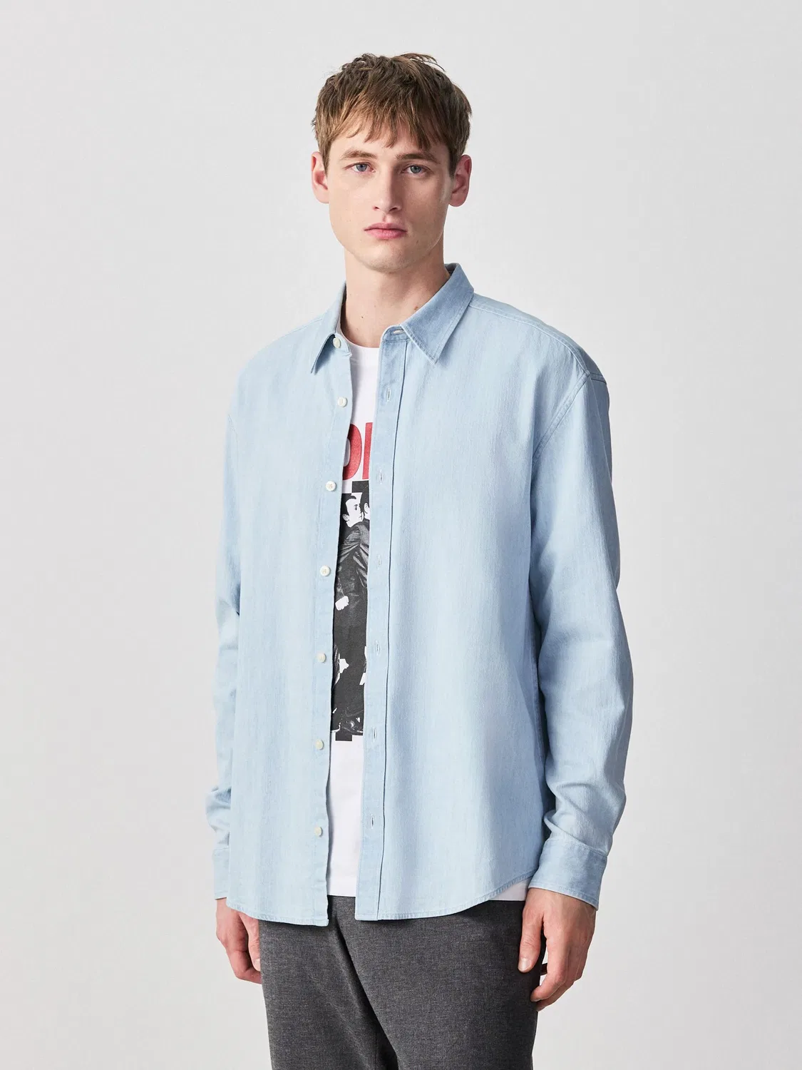 Рубашка джинсовая выбеленная с карманом, Bleach Denim Pocket Long Sleeve Shirt Next, Bleach