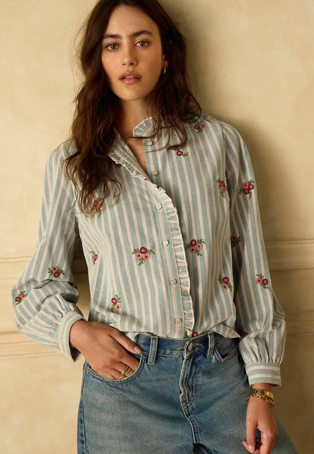Блузка с цветочной вышивкой и оборками, на пуговицах Next, Blue Corduroy Stripe