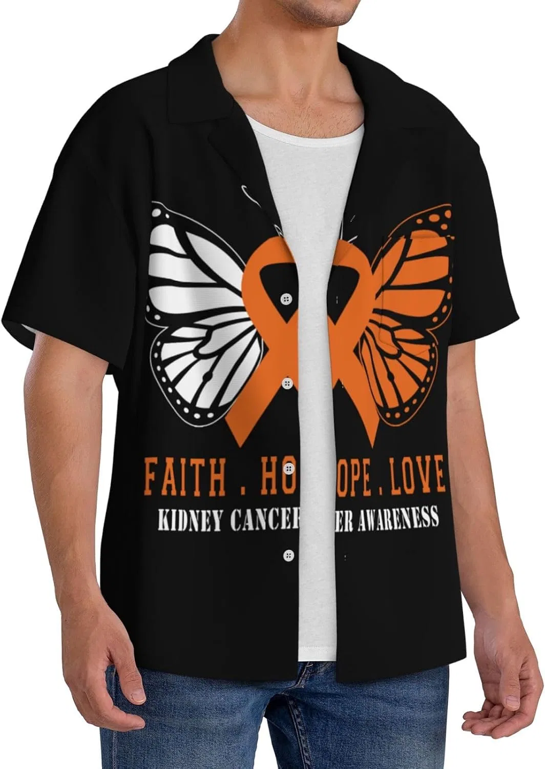 Мужская свободная рубашка с коротким рукавом Cuba collar Butterfly Cancer Awareness, Black — фото 2