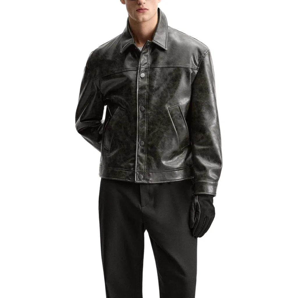 Мужская куртка из кожи с длинным рукавом ZARA, Black — фото 4