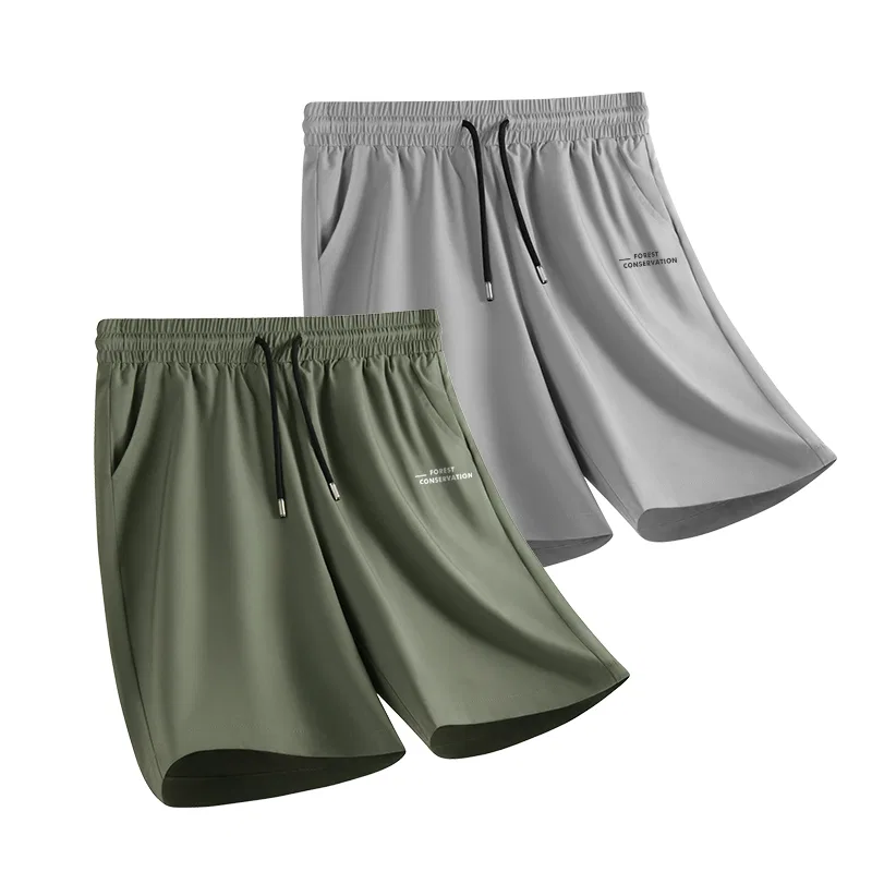 Детские шорты с охлаждающим эффектом комплект 2 шт MINISO, Ice Silk Cooling Army Green (Mb Green Stripes Pants Logo)+Light Gray (Mb Green Stripes Pants Logo)