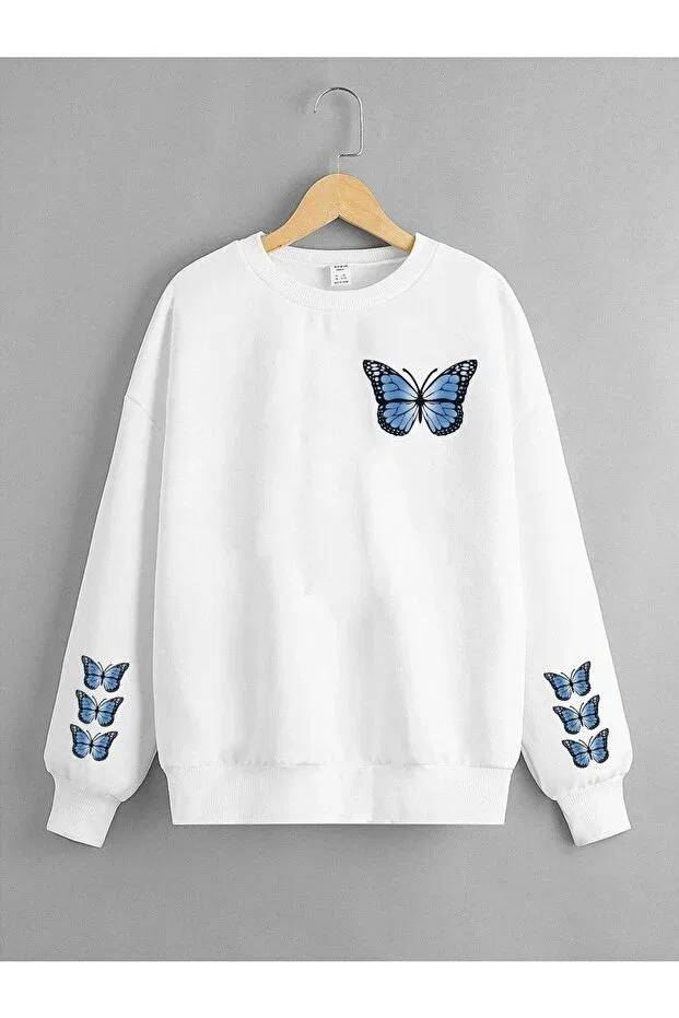 Детские свитшот для девочек с принтом White Blue Butterfly Butterfly Printed Lepold, White