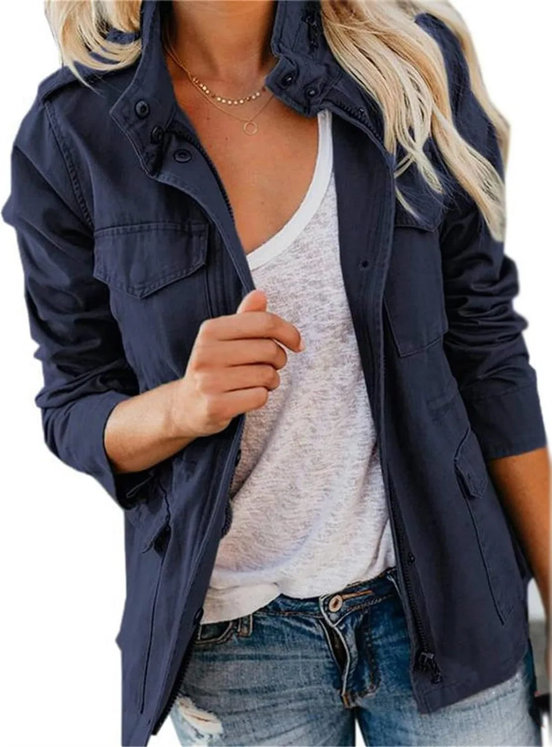Женское джинсовое пальто с множеством карманов Military Jacket, dark blue