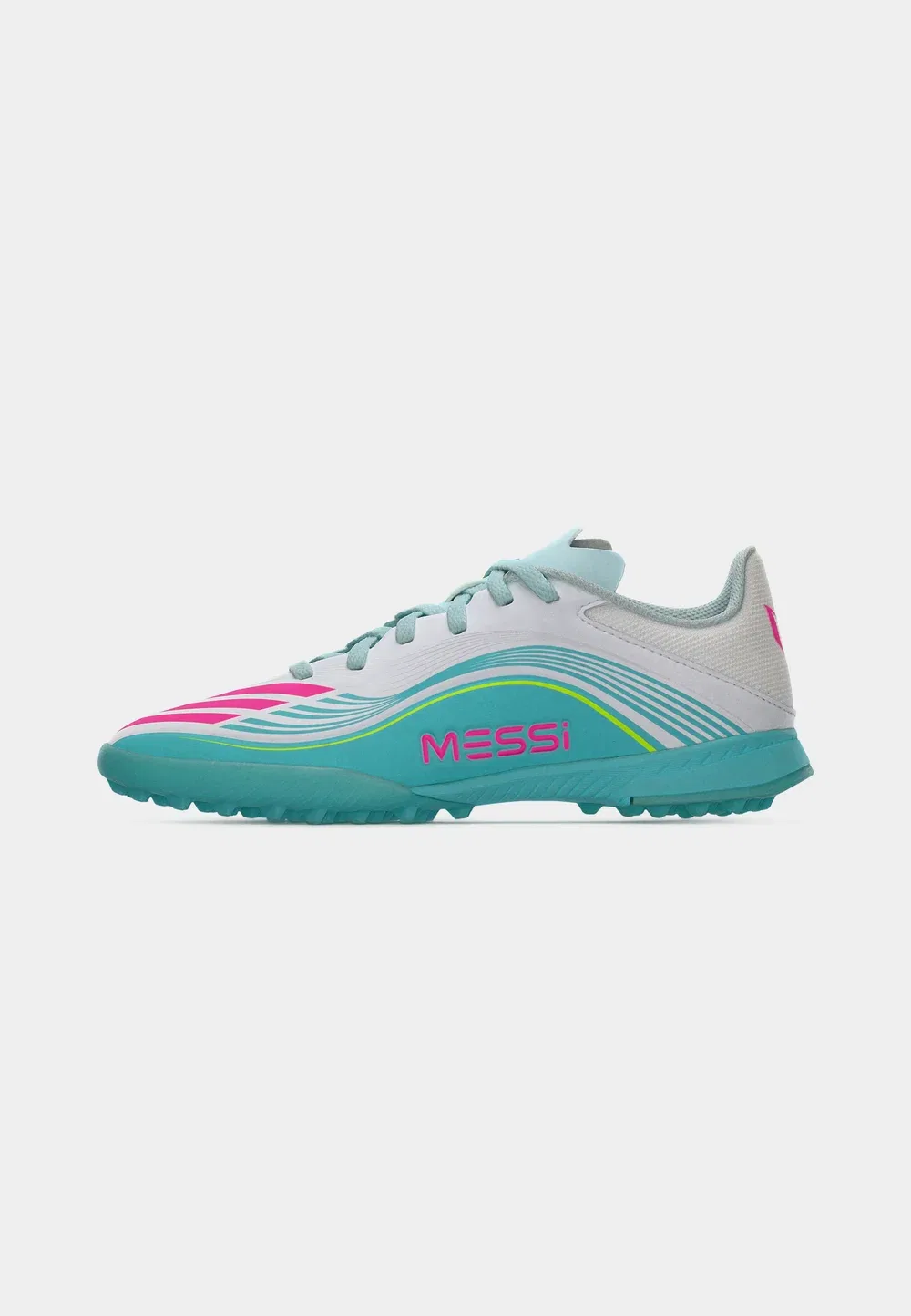Детские футбольные бутсы F50 Messi League Turf унисекс - для искусственных газонов Adidas Performance, Footwear White/Lucid Pink/Flash Aqua — фото 2