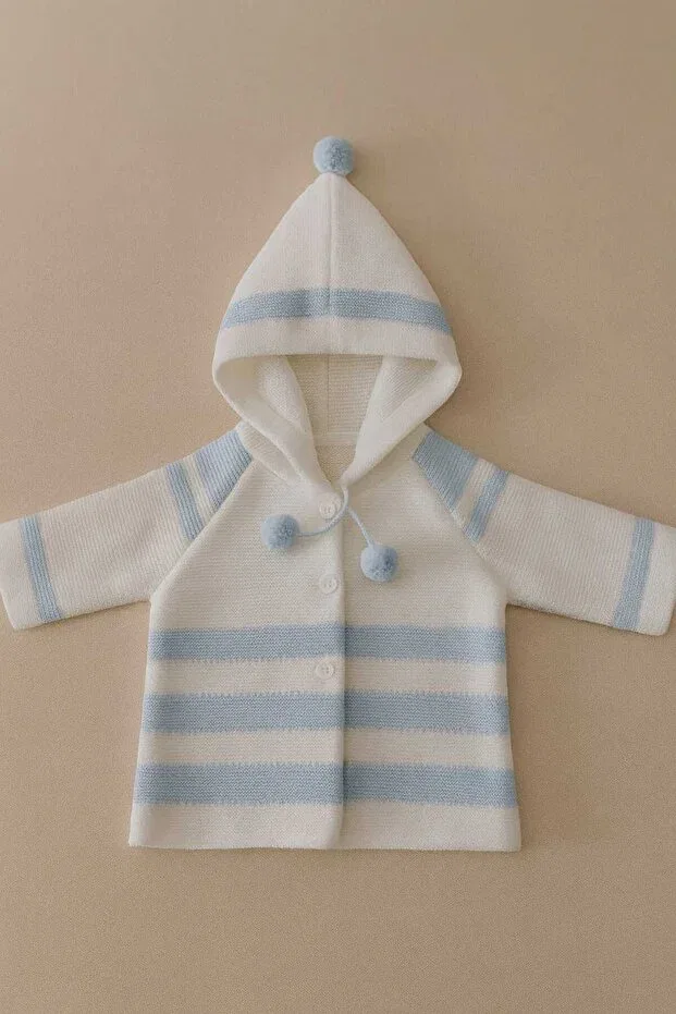 Детский кардиган с капюшоном Striped Hooded Pompom Double Layer Knitted Baby Cardigan Cevval, White-Blue