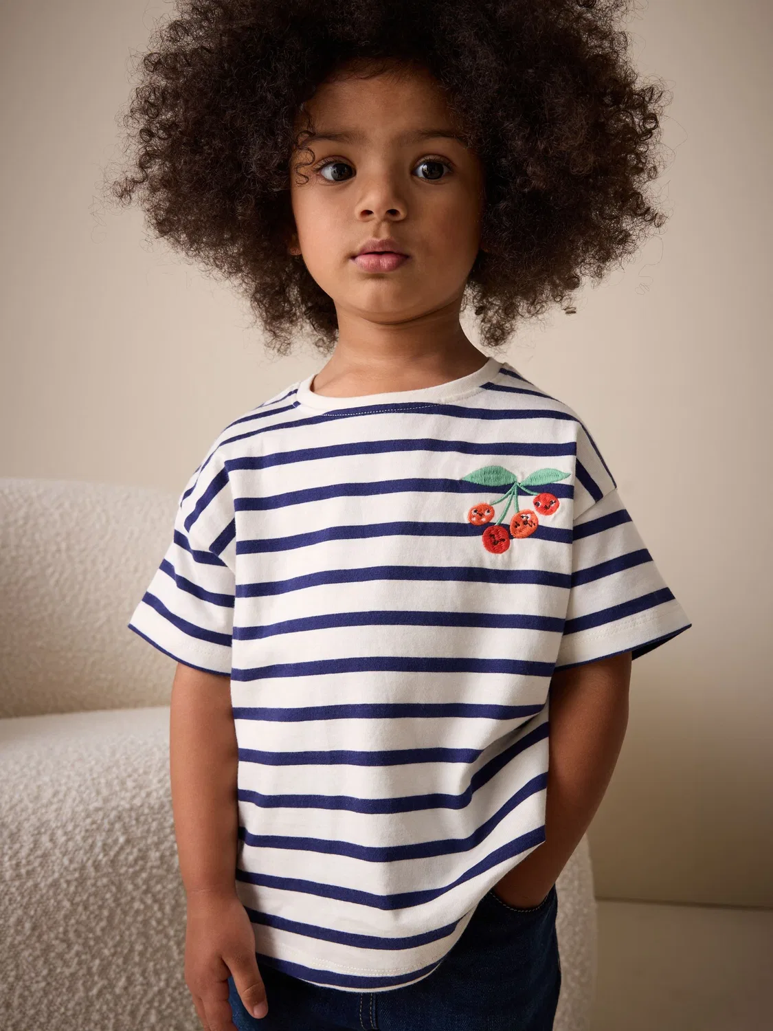 Футболка с коротким рукавом, вышивка вишня, Ecru/Navy Stripe Cherry Next
