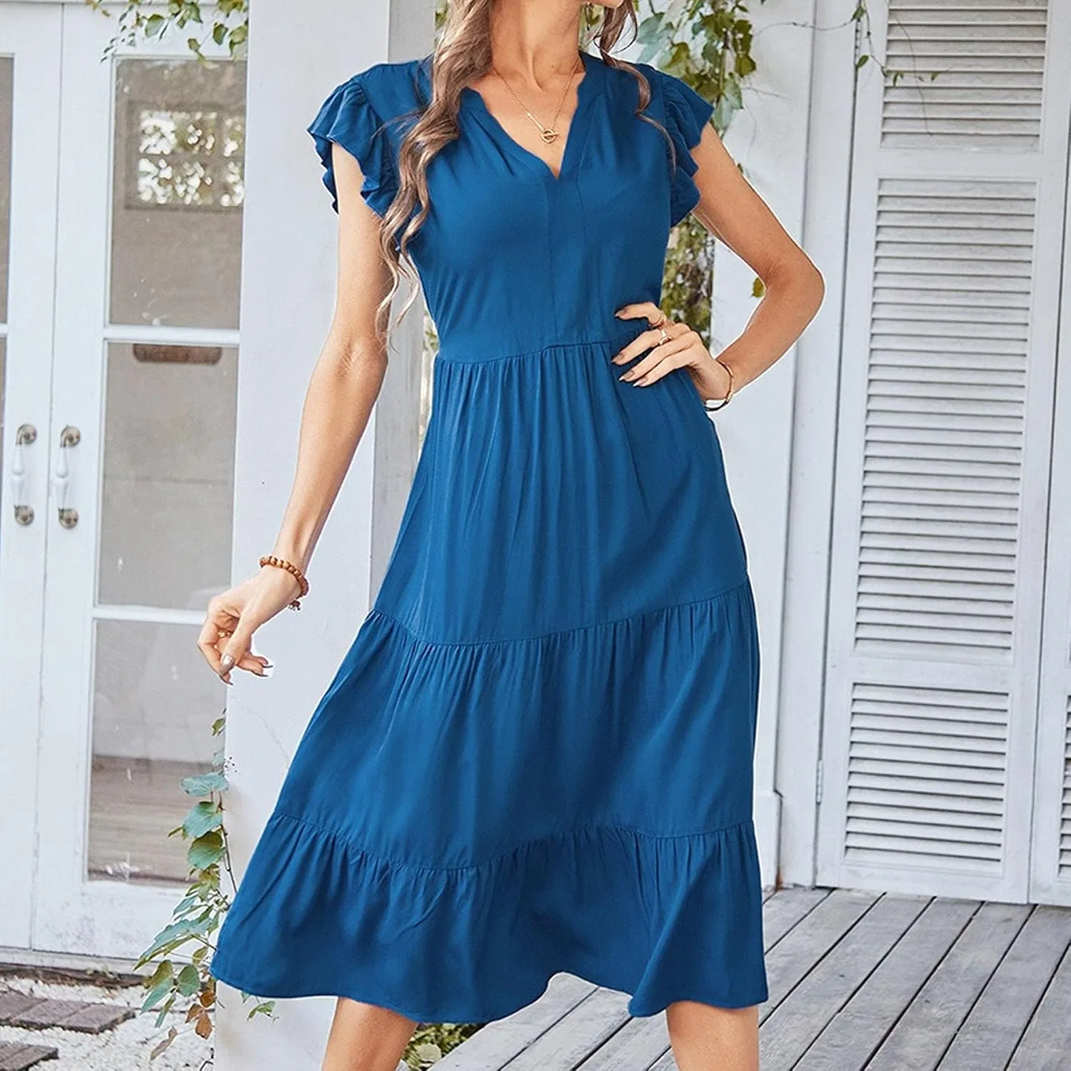Женское струящееся платье миди с воланами Boho, Blue — фото 2