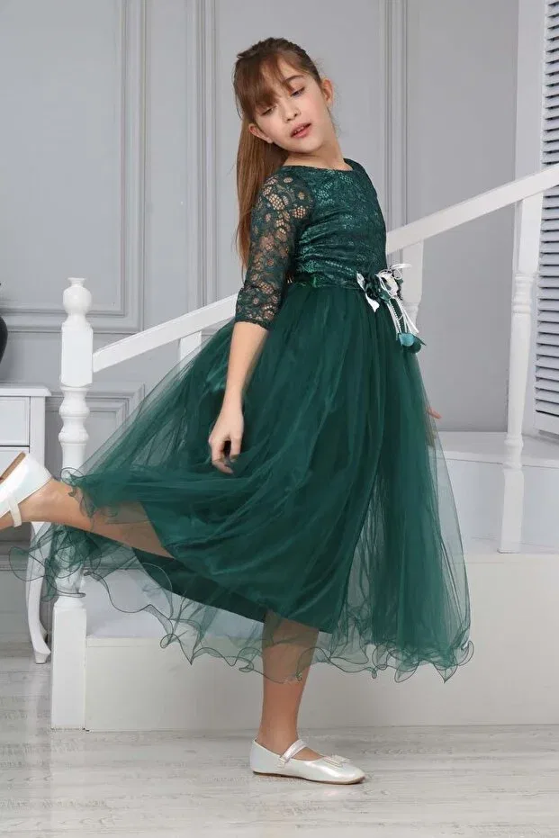 Детское платье для девочек кружевное с принтом Guipure Embroidered Jannock, Emerald — фото 4