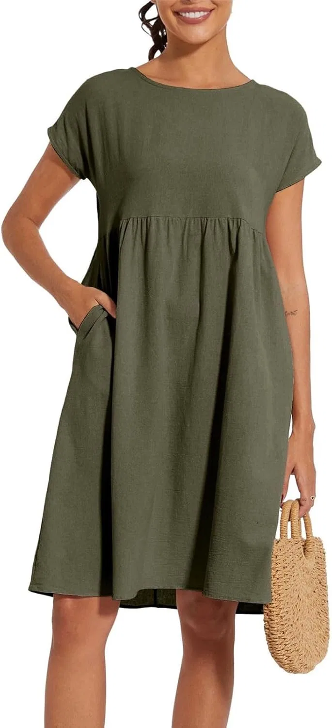 Женское льняное макси-платье с коротким рукавом casual, Green — фото 4