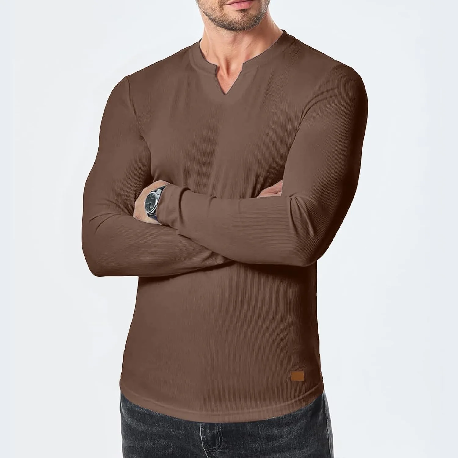 Мужская футболка с длинным рукавом и V-образным вырезом, Slim Fit, Stretch — фото 2
