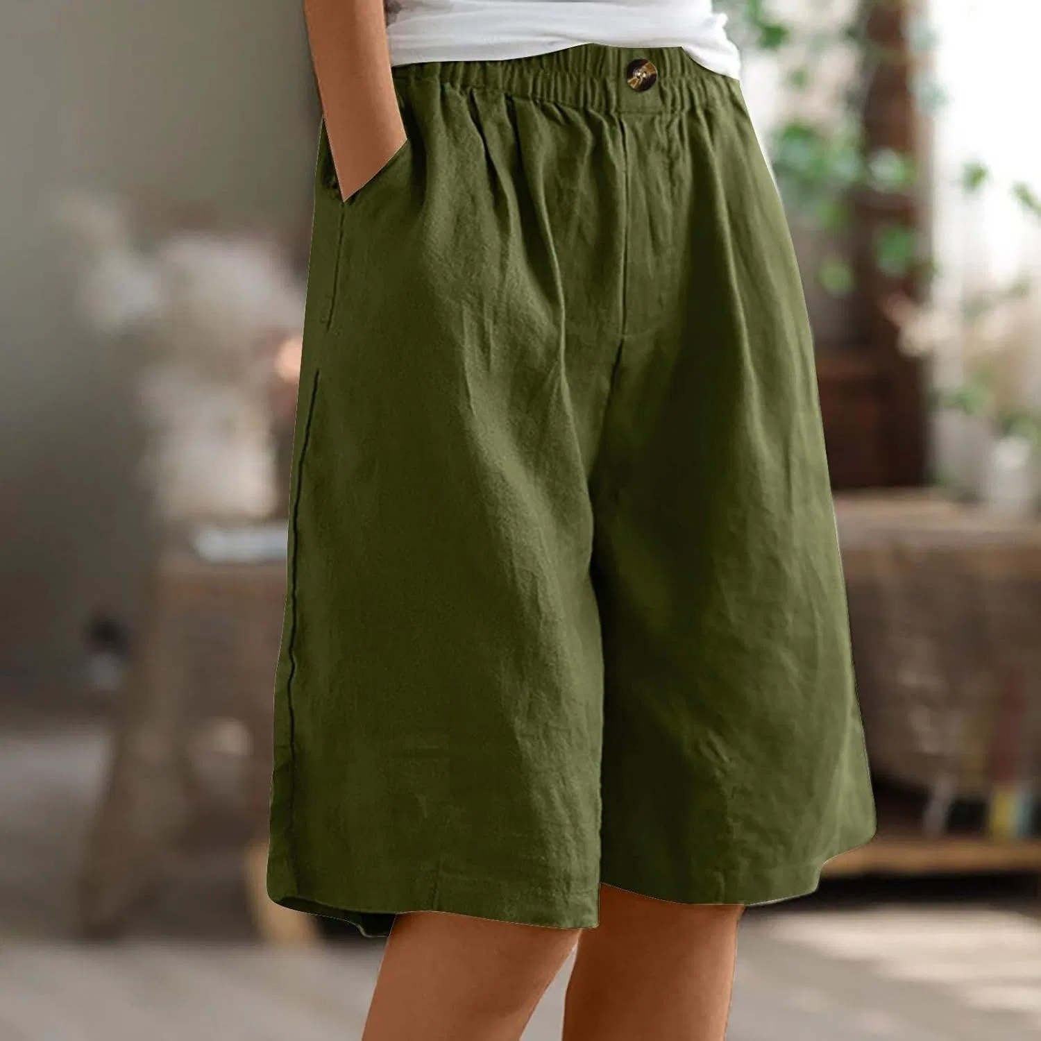 Женские льняные бермуды с широкими штанинами, Army Green — фото 2