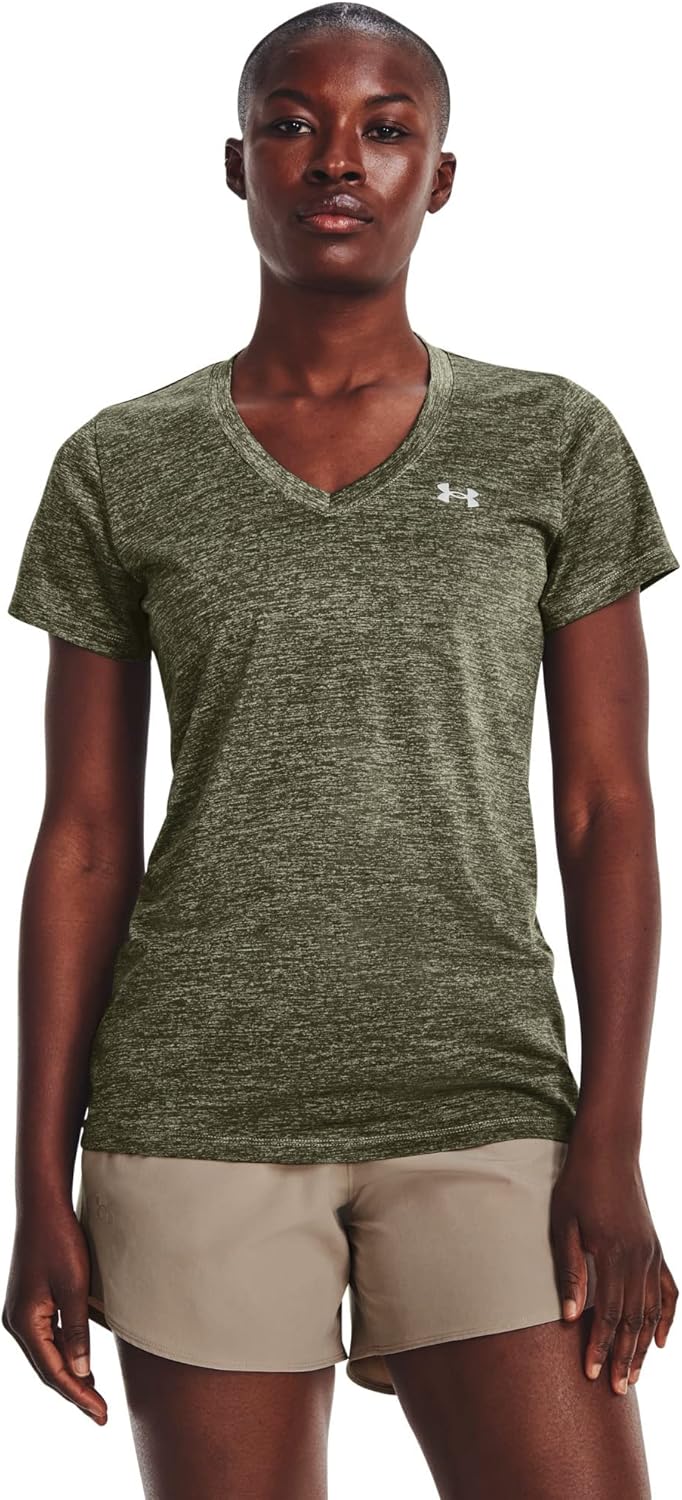 

Under Armour женская футболка Tech V-Neck Twist с коротким рукавом, (504) Grove Green/Marine Od Green/Metallic Silver, Зеленый, Under Armour женская футболка Tech V-Neck Twist с коротким рукавом, (504) Grove Green/Marine Od Green/Metallic Silver