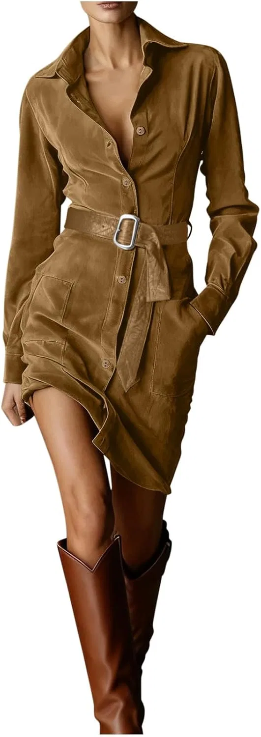 Женское платье мини с длинным рукавом из искусственной замши винтажное, Khaki