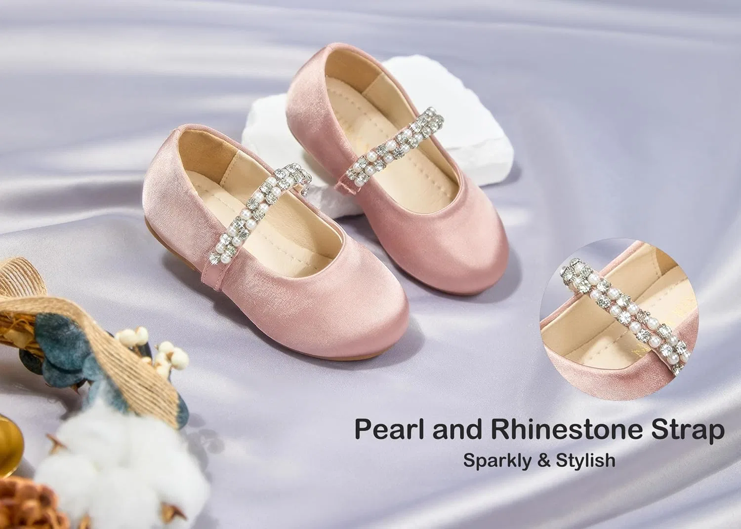 Детские балетки для девочек с цветочным принтом PHIRAMIN, Satin Pink — фото 3
