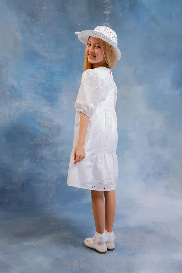 Детское платье для девочек с принтом Leaf Patterned Balloon Sleeve Brode Dress With Hat Perendi, White — фото 2