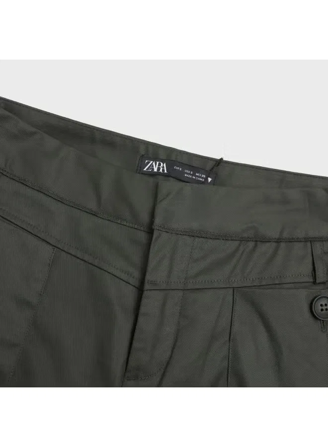 Брюки прямые из хлопка Zara, темно-зеленый — фото 4
