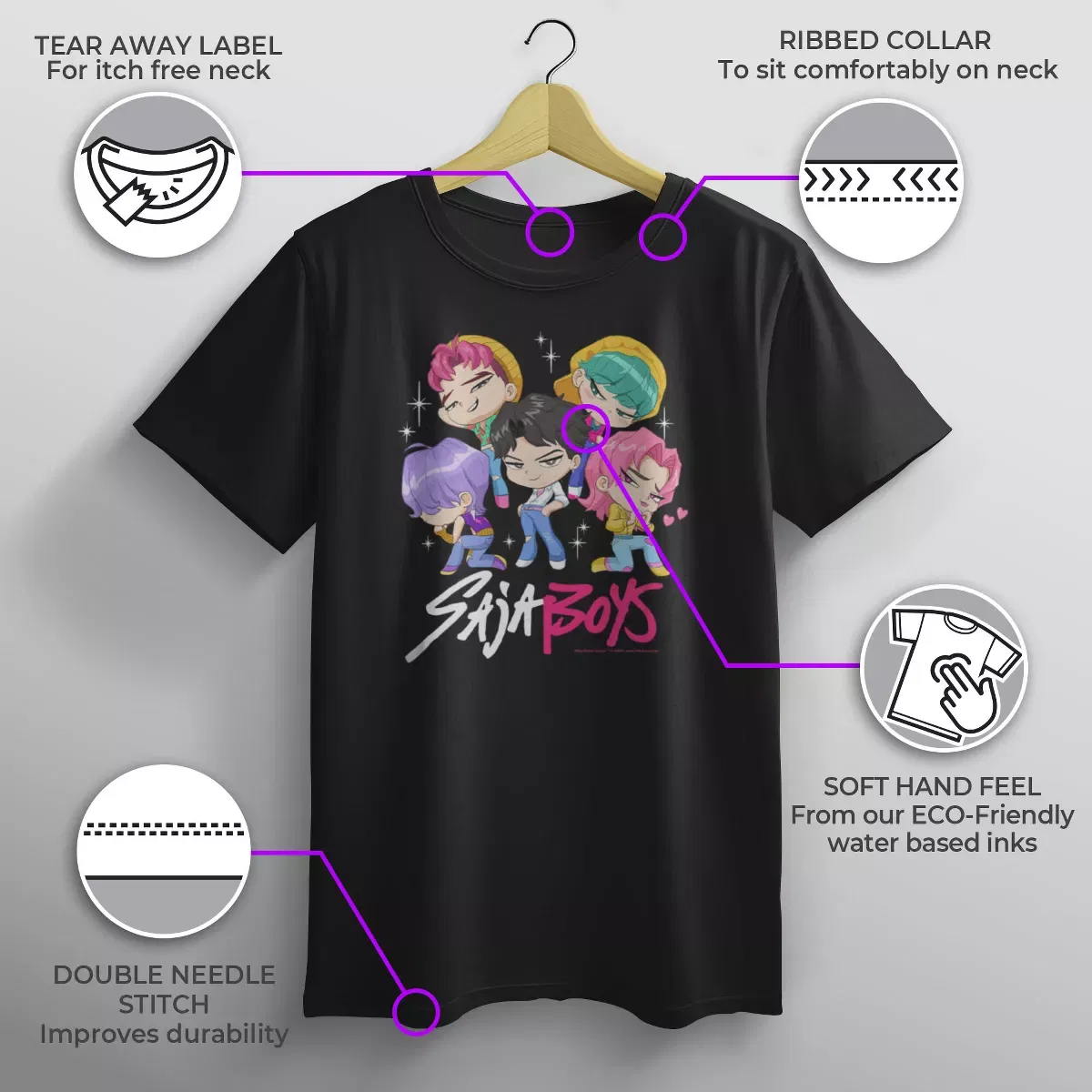 Детская футболка с принтом Saja Boys Chibi Group KPop Demon Hunters, Black — фото 3