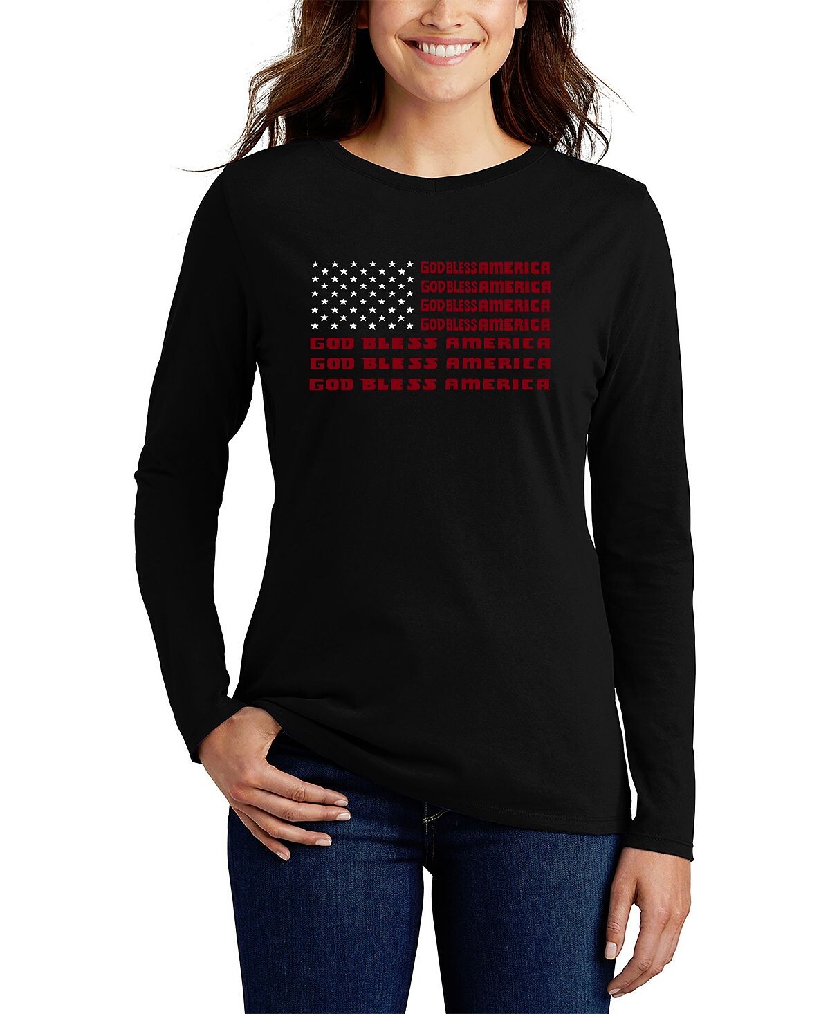 

Женская футболка с длинным рукавом word art god bless america LA Pop Art, черный