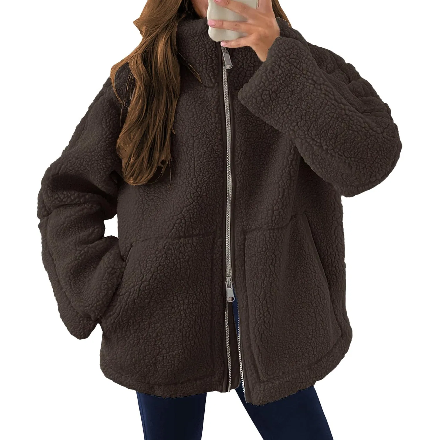 Женское пальто с принтом Oversized Jacket Zipper Pockets Casual, Marrone scuro