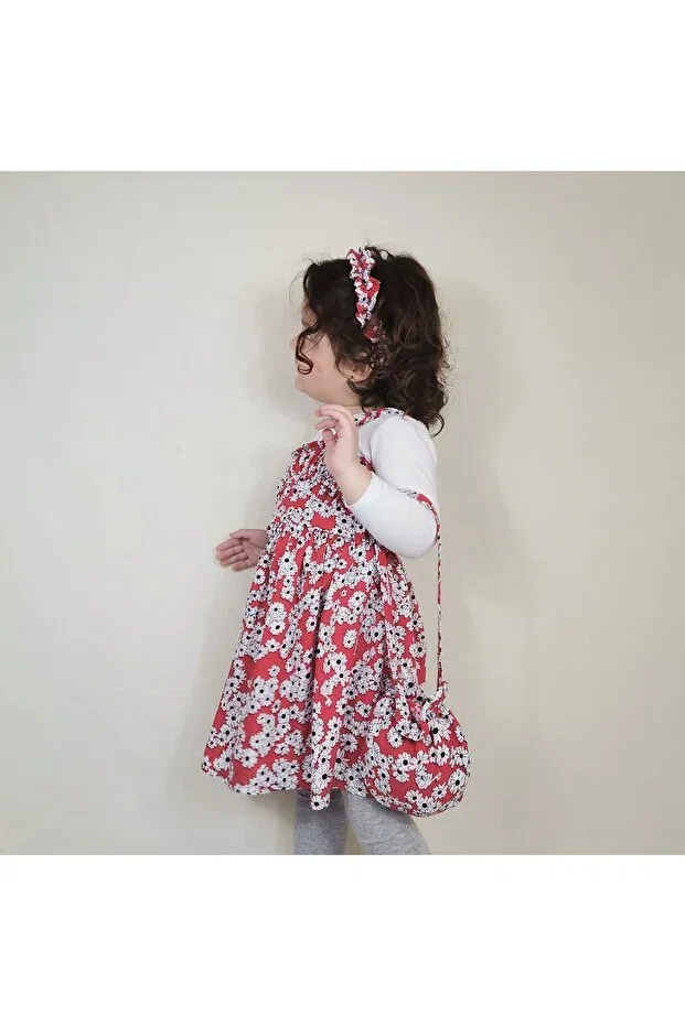 Детское платье для девочек с принтом Çıtı pıtı holiday summer floral patterned girl's dress with bag, bandana and belt Generic Brands, Red — фото 4