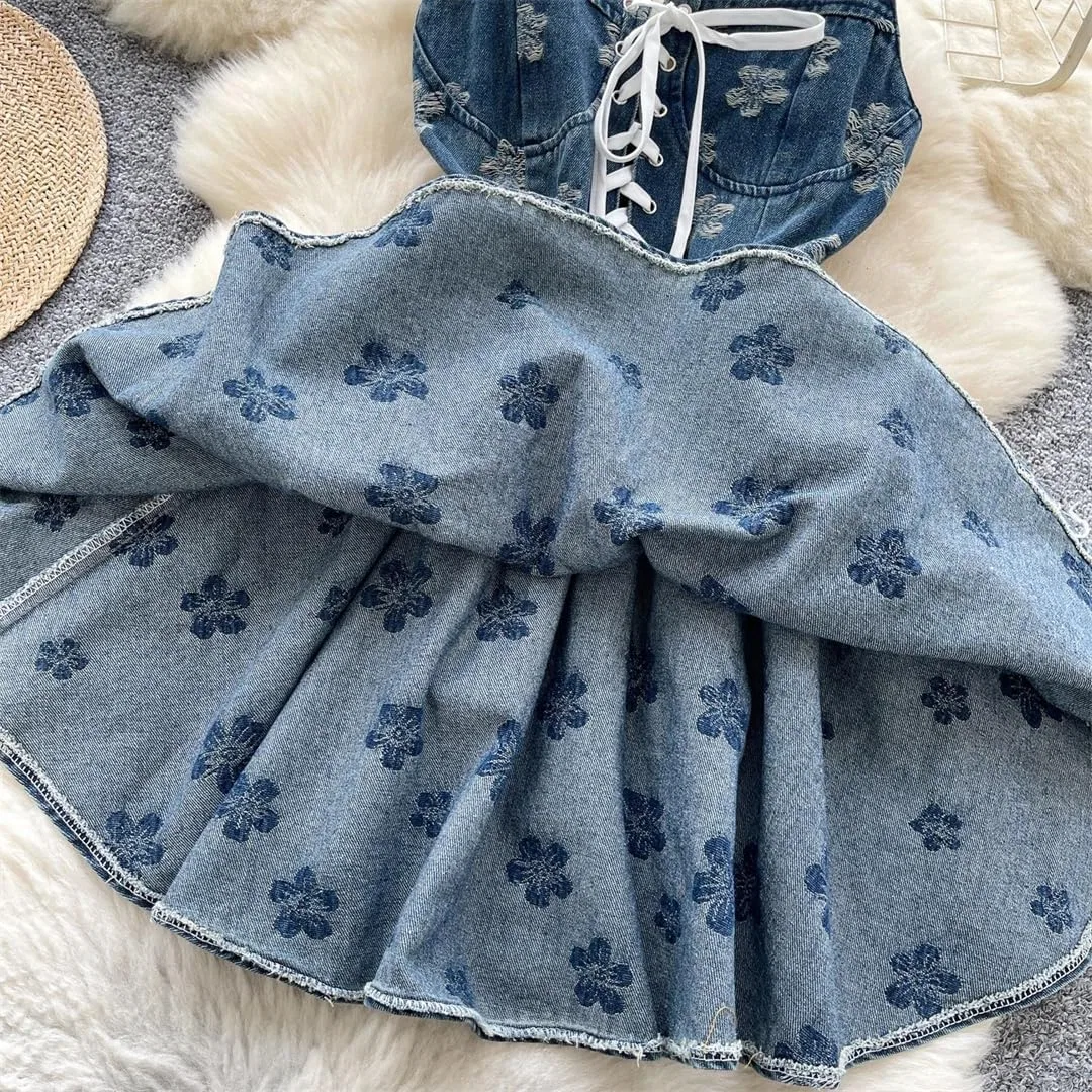 Женское мини-платье с цветочной вышивкой Spaghetti Straps, Blue — фото 2