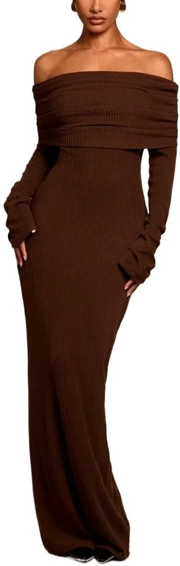 Женское длинное платье облегающее с рукавами Sweater Dresses, Coffee Brown
