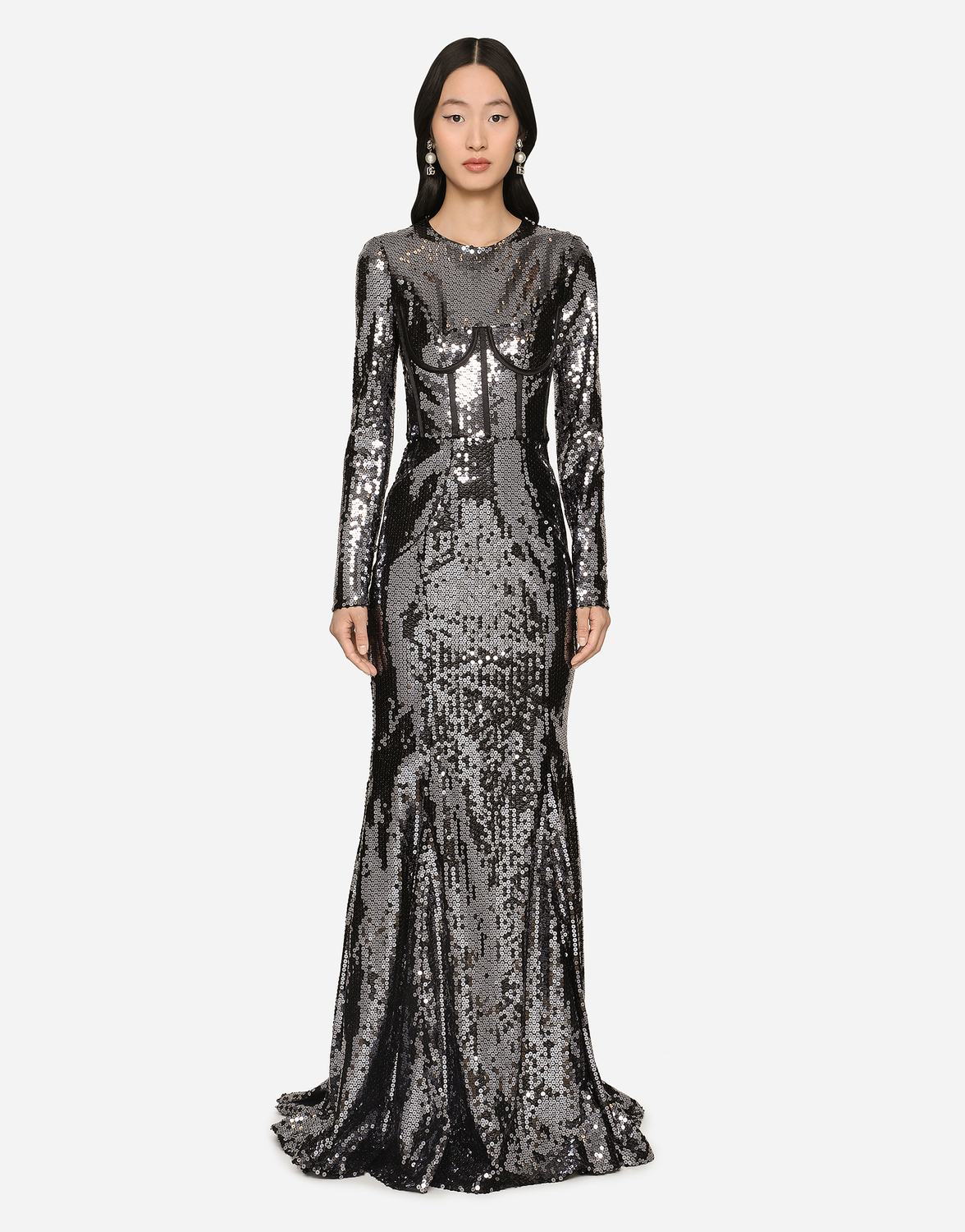 Длинное платье из пайеток с корсетной отделкой Dolce & Gabbana, серый — фото 2