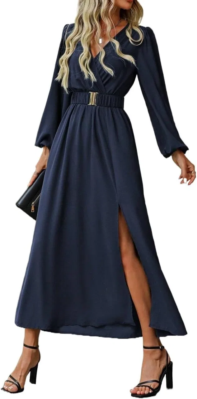 Женское повседневное платье-макси с запахом V-образным вырезом Navy Blue