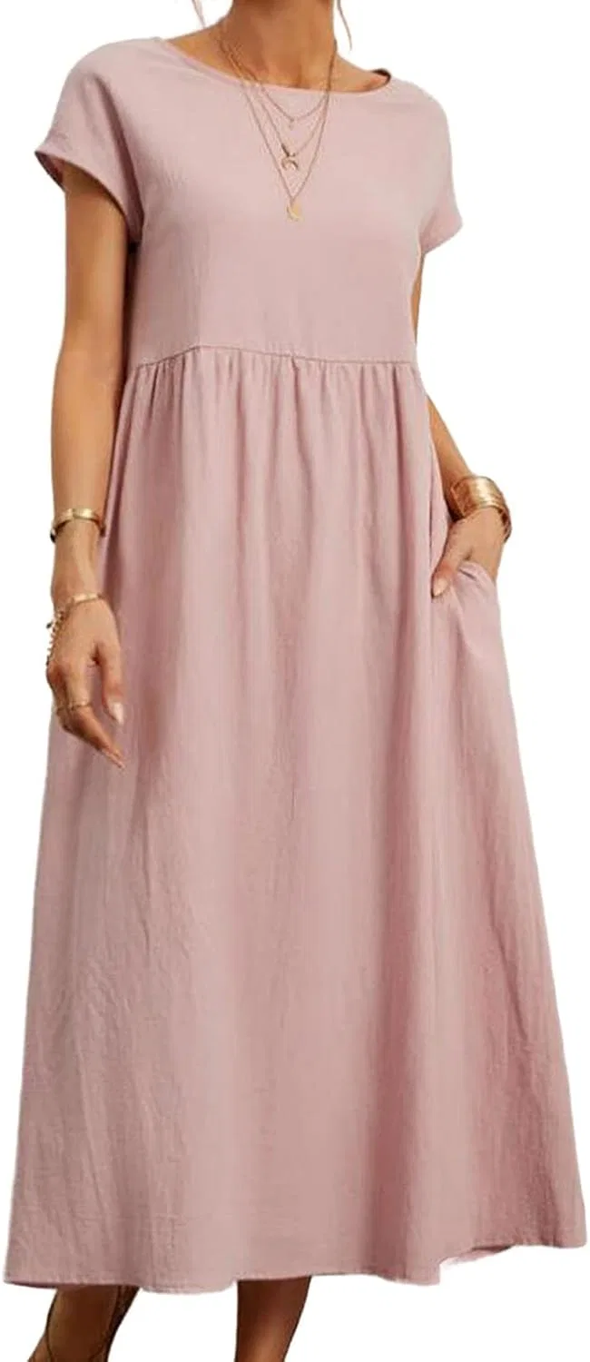 Женское летнее свободное платье с коротким рукавом из хлопка и льна, Pink