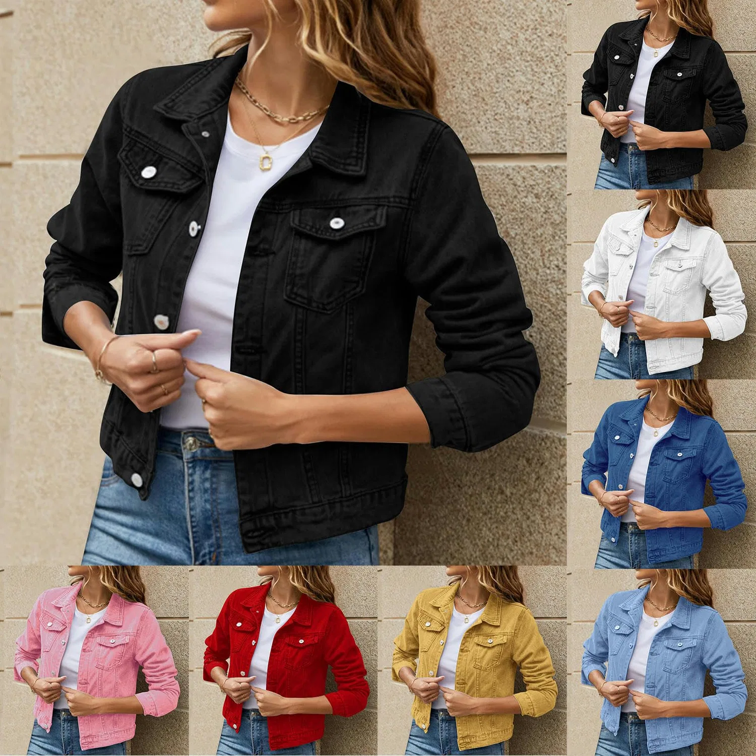 Женская джинсовая куртка с широким отворотом, модель Giacca Corta in Denim alla Moda con Risvolto Ampio Casual da Donna Giacca in Denim-Rosso-XXL, Rosso — фото 2