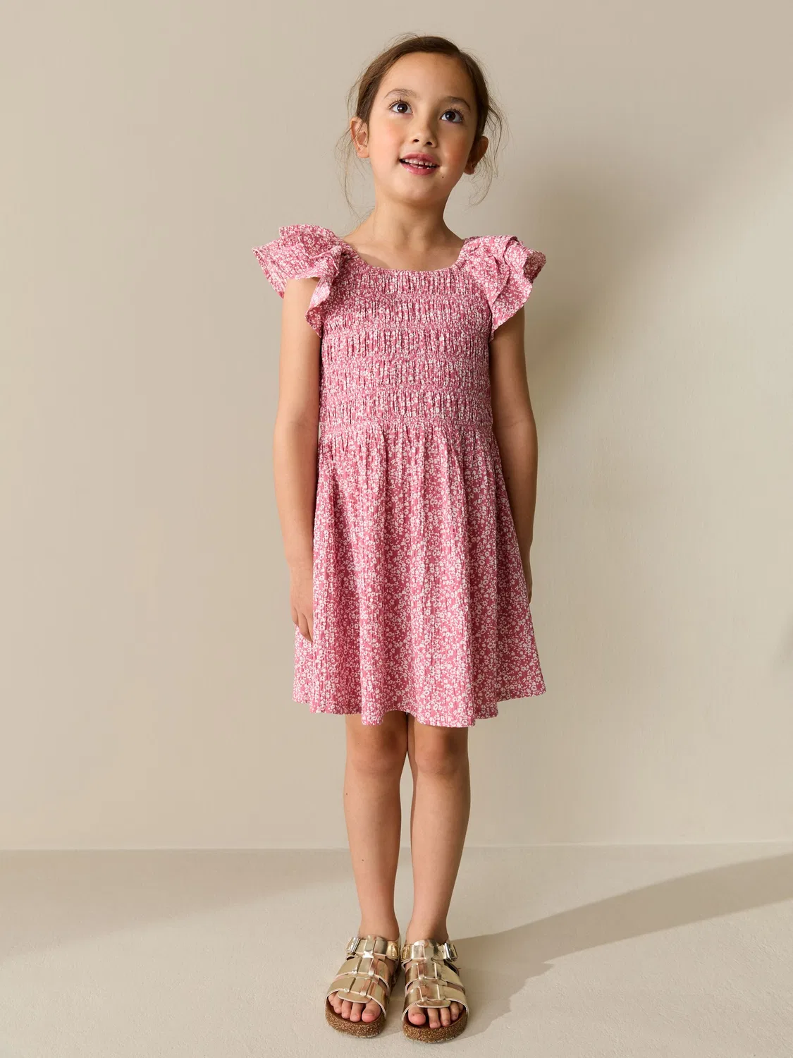 Платье с цветочным принтом, Smocked Frill Sleeve Next, розовый — фото 2