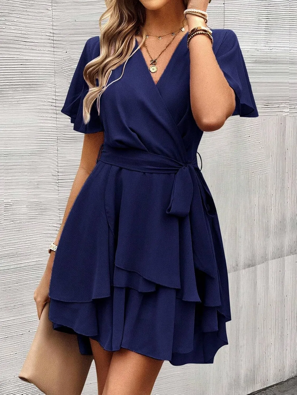 Женское летнее платье A-line с воланами на рукавах и поясом, Navy Blue — фото 3